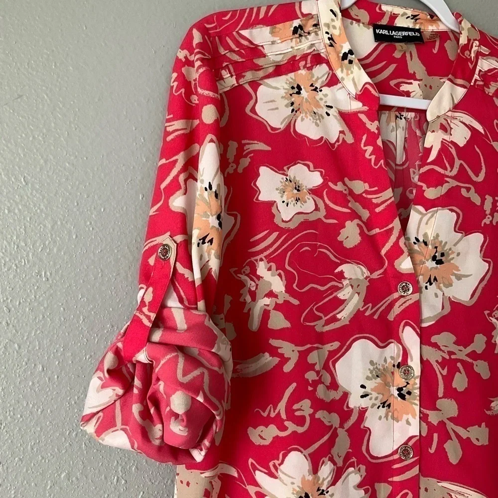 Karl Lagerfeld Blouse coral with floral print long sleeve size Large T177